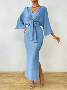 Celisse Women's Solid Color Front Tie Long Sleeve Casual Long Dress With Slit, Minimalist Style Maxi Women Outfit