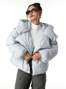 SHEIN 少女 2024 秋冬新款休闲街头风保暖短款棉服外套 - 灰色 - 查看 6