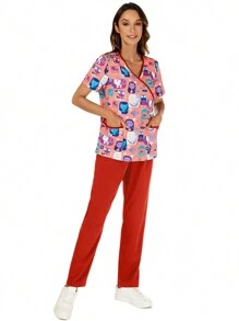 Printed Contrast V-Neck Pocket Top And Solid Color Elastic Waist Pants Scrub Set