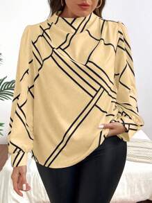 Celure 大码休闲全印花褶饰长袖衬衫，秋季 - 卡其色 - 查看 3