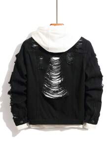 Manfinity Homme Men's Solid Color Front Button Ripped Casual Long Sleeve Denim Jacket, For Fall