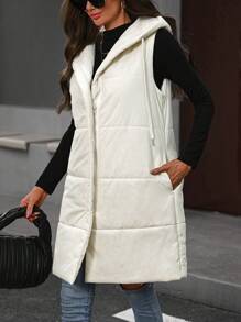 SHEIN LUNE 连帽无袖加厚棉服外套带口袋，冬季保暖服装 - 杏色 - 查看 4