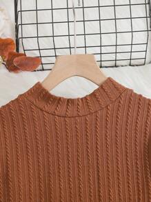 SHEIN Leap Crew 少女咖啡棕色大地色高领盖袖荷叶边下摆纹理针织修身复古休闲百搭连衣裙 - 咖啡棕 - 查看 3