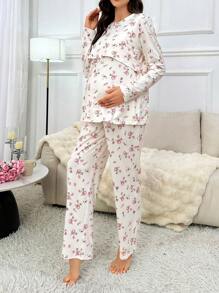 Moonlight&Mama 孕妇哺乳友好型长袖上衣和裤子套装，碎花印花，秋冬服装 - 彩色 - 查看 6