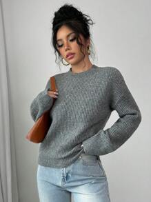 SHEIN Unity Women Deep Gray Round Neck Drop Shoulder Thick Warm Pullover Sweater Knit Pullover Fall Winter - Dark Grey - View 6