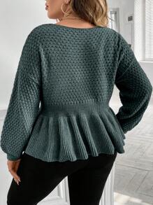 SHEIN LUNE Plus Size Women Solid Color Drop Shoulder Long Sleeve Ruffle Hem Pullover Sweater, Autumn/Winter Knit Pullover Fall Sweater - Green - View 2