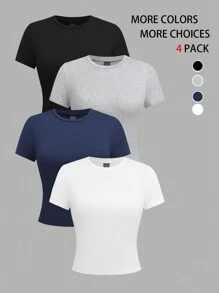 GlowEve Set de 4 camisetas ajustadas de manga corta y cuello redondo de unicolor para mujer