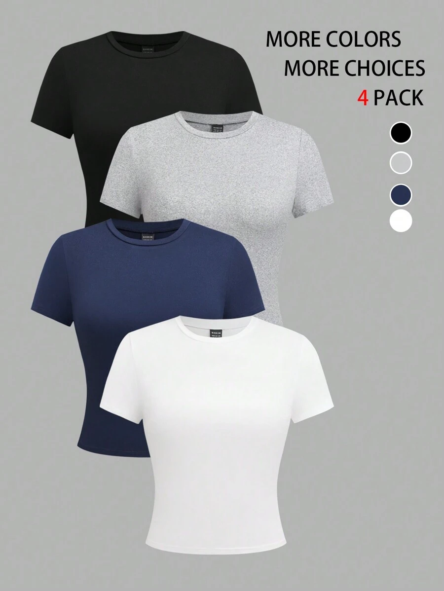 GlowEve Set de 4 camisetas ajustadas de manga corta y cuello redondo de unicolor para mujer
