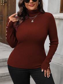 SHEIN Clasi 大码纯色高领长袖仿珍珠装饰简约休闲套头毛衣，适合冬季和秋季穿着。 - 橘色 - 查看 3