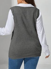 Plus Size V-Neck Loose Knit Sweater Vest Casual, Autumn, For Winter - Dark Grey - View 2