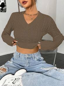 Flirla Women's Solid Color V-Neck Long Sleeve Cropped Sweater For Autumn/Winter Knit Pullover Fall - Camel - View 3
