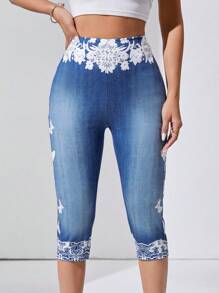 SHEIN LUNE 牛仔效果弹力腰部七分裤 - 彩色 - 查看 5