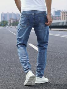 Manfinity Homme Men's Pocket Detail Skinny Casual Jeans, Plain Dark Blue Slim Fit Long Dark Wash Jeans Washed Cargo Jeans, For Husband, Boyfriend Gifts Going Out Hang Out Commute Street Party