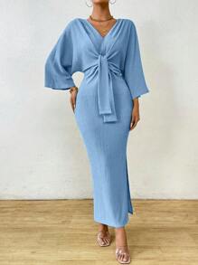 Celisse Women's Solid Color Front Tie Long Sleeve Casual Long Dress With Slit, Minimalist Style Maxi Women Outfit