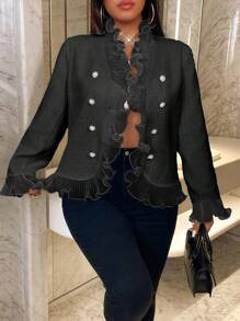 Celure Plus Size Elegant Plain Color Ruffle Collar Double Breasted Jacket, Autumn - Black - View 4