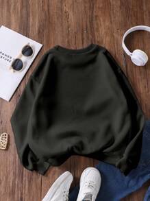 SHEIN Sparklyn Tween Girl Casual Plain Color Leopard Print Letter Round Neck Sweatshirt - Black - View 2