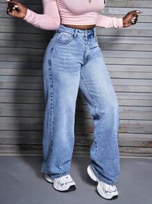 SHEIN Slayr Quần Jeans Ống Thẳng Lưng Cao Thường Ngày Có Túi Cho Nữ - Rửa nhẹ - Xem 3