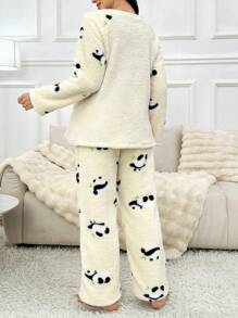 Cute Panda Print Plush Maternity Pajama Set