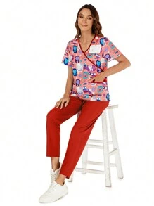 Printed Contrast V-Neck Pocket Top And Solid Color Elastic Waist Pants Scrub Set