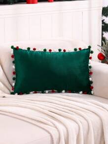 1pc Christmas Pillow Case Cover With Fuzzy Christmas Balls Decor - Dark Green - View 5