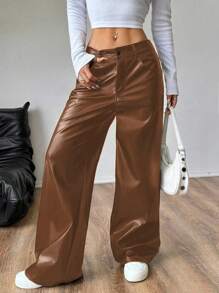 SHEIN Unity PU 皮革休闲时尚金属宽松直筒裤