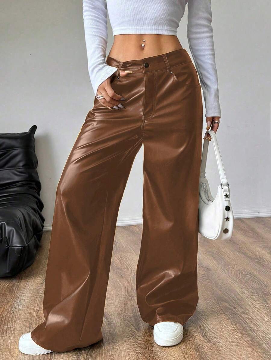 SHEIN Unity PU 皮革休闲时尚金属宽松直筒裤