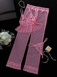 SHEIN 3pcs Women Sexy Contrast Lace Lingerie Set For Going Out - Pink - View 4