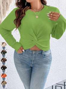 SHEIN Clasi Plus Size Women Crew Neck Twist Knot Casual Pullover Sweater, Autumn/Winter Knit Pullover Fall - Green - View 1