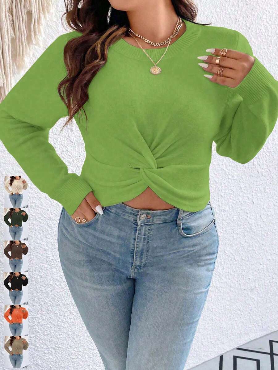 SHEIN Clasi Plus Size Women Crew Neck Twist Knot Casual Pullover Sweater, Autumn/Winter Knit Pullover Fall - Green - View 1