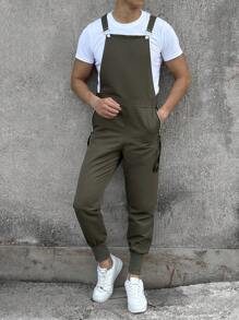 Manfinity Homme Men's Casual Versatile Solid Color Zipper Pocket Suspender Pants - Army Green - View 3