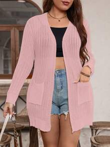SHEIN LUNE Áo len cardigan dài tay màu trơn có gân cỡ lớn dành cho nữ, mùa thu/đông - Hồng - Xem 3