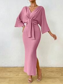 Celisse Đầm Maxi thường ngày tay cánh dơi thắt nút màu trơn thanh lịch dành cho nữ - Hồng - Xem 4