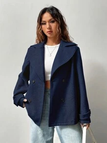 SHEIN Unity 1 chiếc áo khoác nữ cổ ve dài tay cài hai hàng khuy trơn màu, mùa thu/đông - Màu xanh hải quân - Xem 4