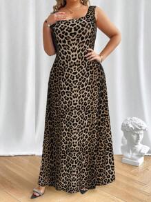 SHEIN Unity Robe moulante maxi à bretelles spaghetti imprimé léopard pour femmes grandes tailles - Tabac - Voir 4