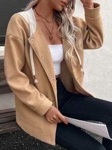 Chiquease Women Khaki Color-Block Hooded Loose Overcoat With Metal Buttons, Fall Clothes - Khaki - View 7