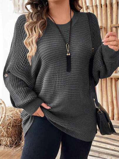 Calvaya Plus Size Enfärgad Crew Neck Casual Pullover Långärmad tröja, för vintern