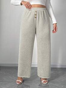 Calvaya Women Casual Button Front Striped Knit Pants, Autumn/Winter Fall Cloth For Women - Apricot - View 6
