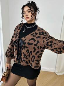 Celure 大码豹纹前系带休闲开衫，日常休闲装，秋冬