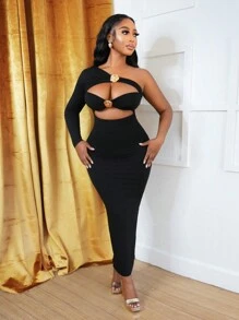 BamGleam Vestido maxi ajustado para mujer con hombro asimétrico, abertura, decoración floral 3D y plisado sexy