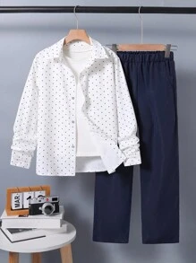 Bộ 2 chiếc/Bộ áo sơ mi chấm bi đơn giản trang trọng cao cấp dành cho bé trai tuổi teen và quần ống rộng, thích hợp cho các ngày lễ, tiệc tùng và sự kiện - Nhiều màu - Xem 1