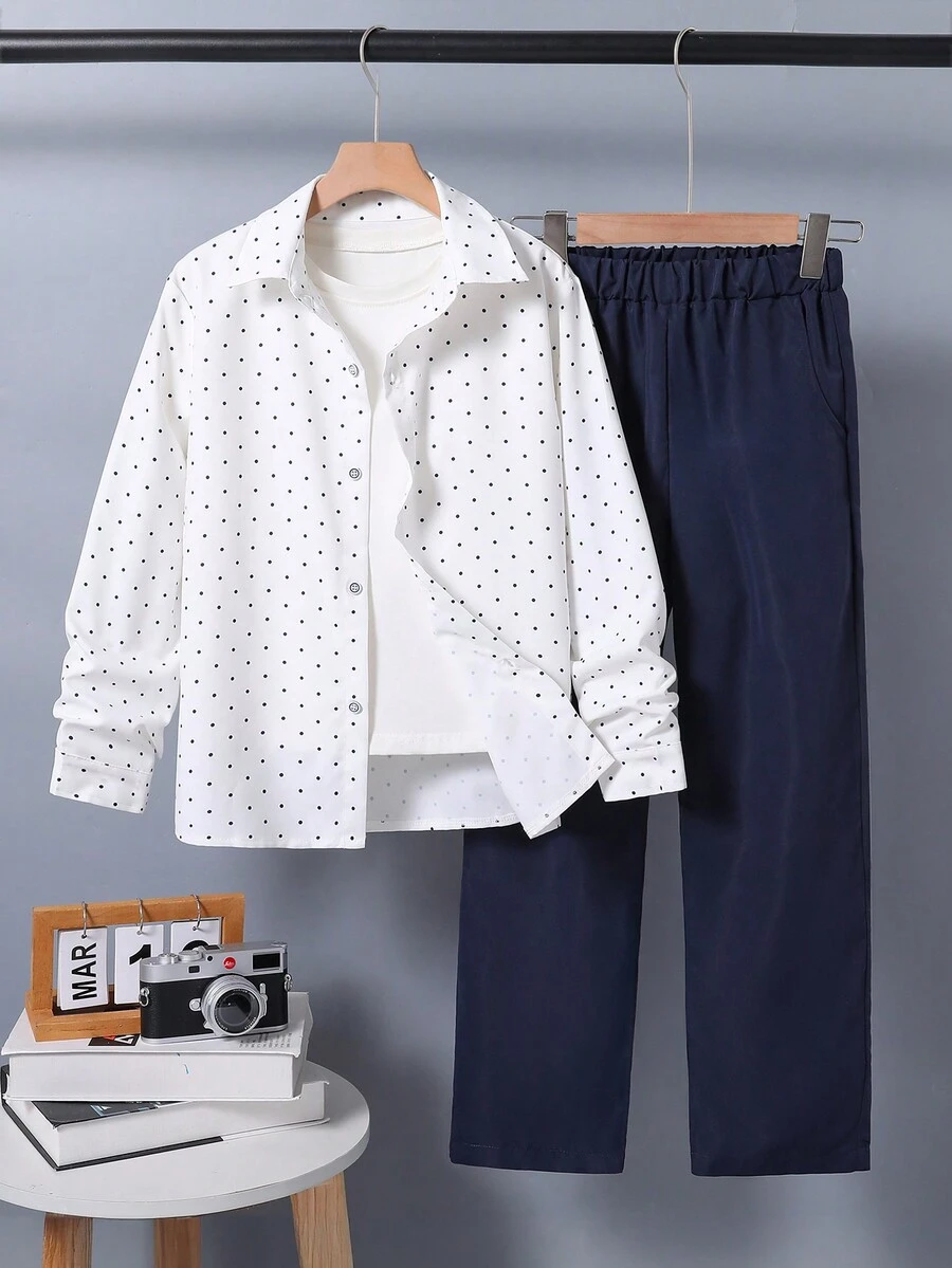 Bộ 2 chiếc/Bộ áo sơ mi chấm bi đơn giản trang trọng cao cấp dành cho bé trai tuổi teen và quần ống rộng, thích hợp cho các ngày lễ, tiệc tùng và sự kiện - Nhiều màu - Xem 1