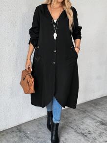 SHEIN LUNE 大码女式休闲单排扣连帽长款夹克，带斜口袋 - 黑色 - 查看 1