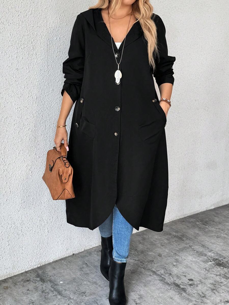 SHEIN LUNE 大码女式休闲单排扣连帽长款夹克，带斜口袋 - 黑色 - 查看 1