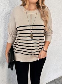 SHEIN LUNE Plus Size Women Stripe Round Neck Drop Shoulder Long Sleeve Casual Knit Pullover Sweater, Autumn/Winter Knit Pullover Fall Outfit
