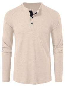 Manfinity Homme Men's Casual Solid Color Waffle Raglan Half-Button T-Shirt, Spring And Autumn, For Fall, Long Sleeve Top - Apricot - View 3