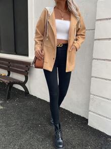 Chiquease Women Khaki Color-Block Hooded Loose Overcoat With Metal Buttons, Fall Clothes - Khaki - View 4