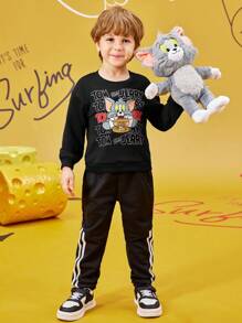 TOM & JERRY X SHEIN 年轻男孩休闲卡通字母图案宽松落肩运动衫，春秋