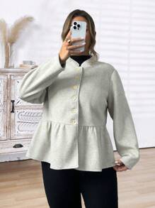 Plus Size Women's Single-Breasted Ruffled Hem Short Casual Jacket, Autumn/Winter Fall Cloth For Women - Light Grey - View 4