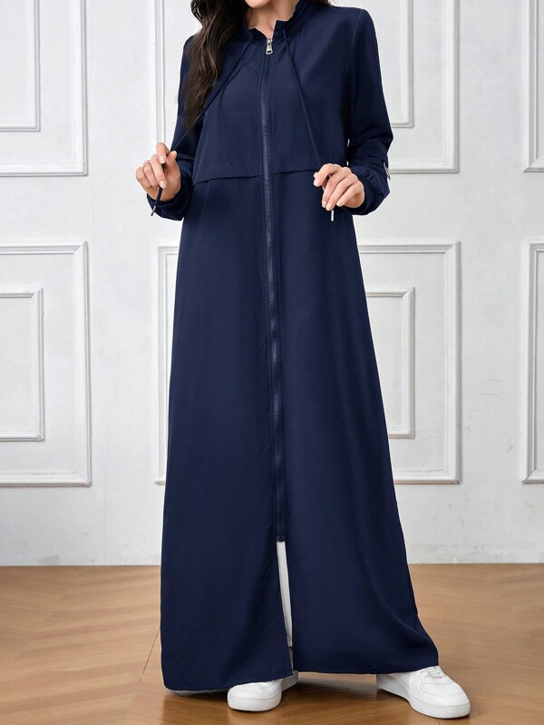 Al Najma Women's Solid Color Long Sleeve Zipper Front Casual Modest Arabian Abaya Robe