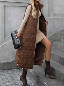 SHEIN LUNE Stand Collar Button Pants Vest Jacket, Casual Daily Wear Thermal - Coffee Brown - View 3
